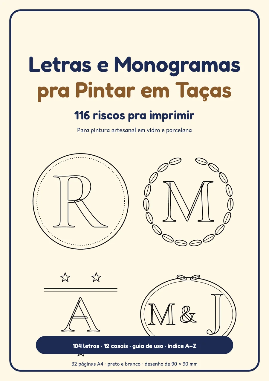 Capa do kit Letras e Monogramas pra Pintar em Taças impressa em A4, em creme, azul e dourado. Imagem ilustrativa