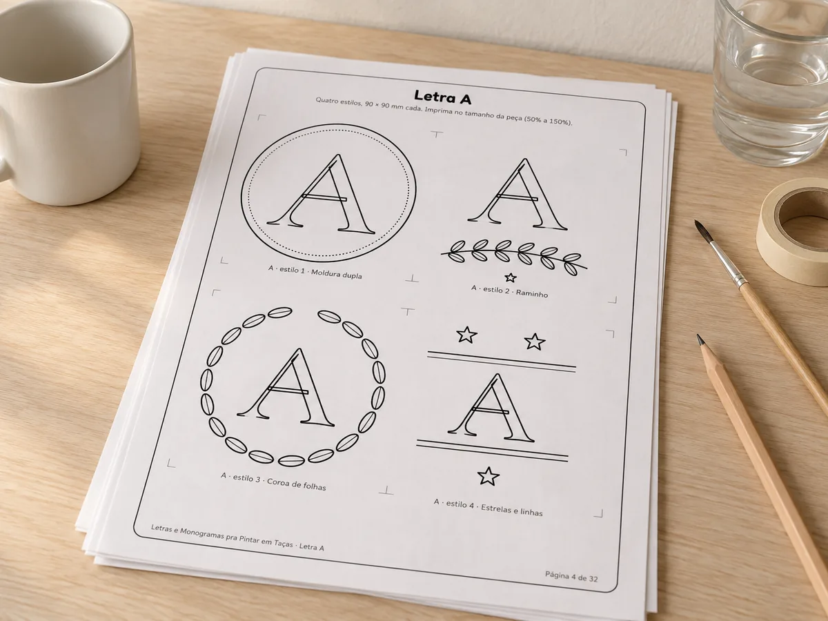 Pilha de folhas impressas com letras, um pincel fino, um rolo de fita crepe e uma taça de vidro ao fundo. Imagem ilustrativa