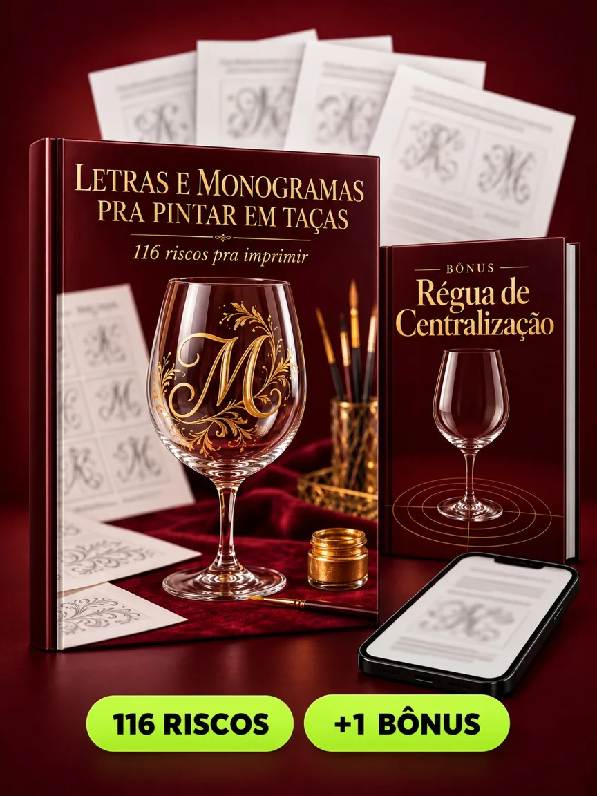Montagem ilustrativa do Letras e Monogramas pra Pintar em Taças: livro com a capa, páginas do material e celular e capas dos bônus