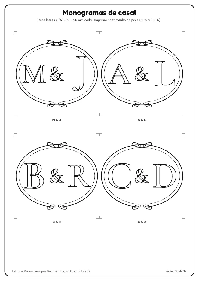 Página real do PDF Letras e Monogramas pra Pintar em Taças: página com 4 monogramas de casal com &