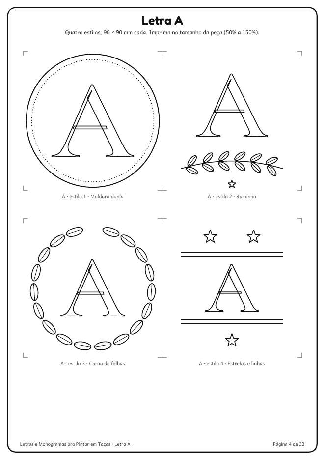 Página real do PDF Letras e Monogramas pra Pintar em Taças: letra A nos 4 estilos
