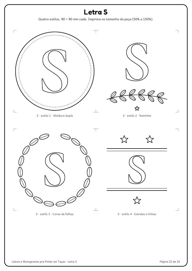 Página real do PDF Letras e Monogramas pra Pintar em Taças: letra R em moldura dupla, raminho, coroa de folhas e estrelas